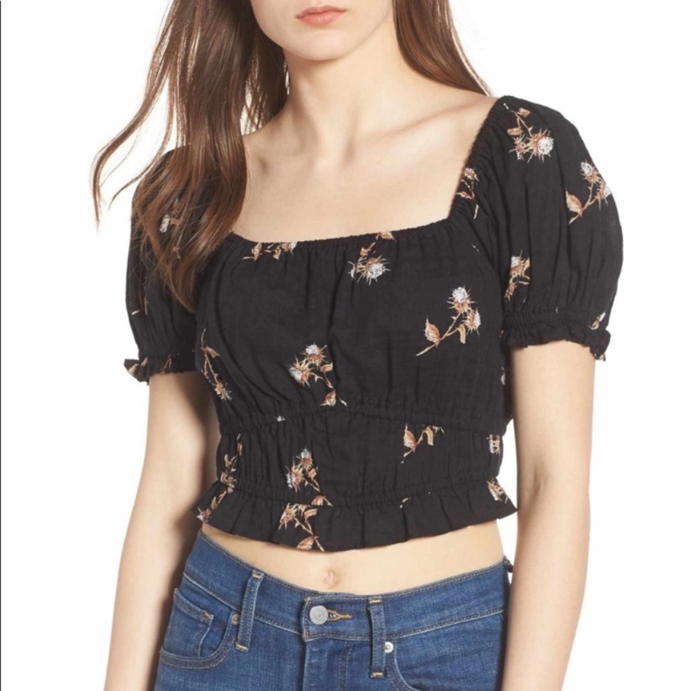 B.P Puff Sleeve Black Floral Surplice Crop Top Medium